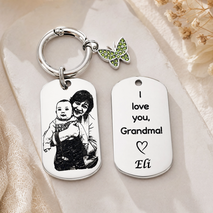 Personalised Photo Keychain Gold Silver, Custom Engraved Portrait Keyring Gift for Grandmother- KCD023