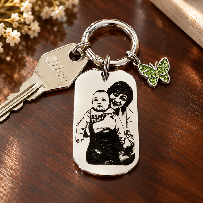 Personalised Photo Keychain Gold Silver, Custom Engraved Portrait Keyring Gift for Grandmother- KCD023