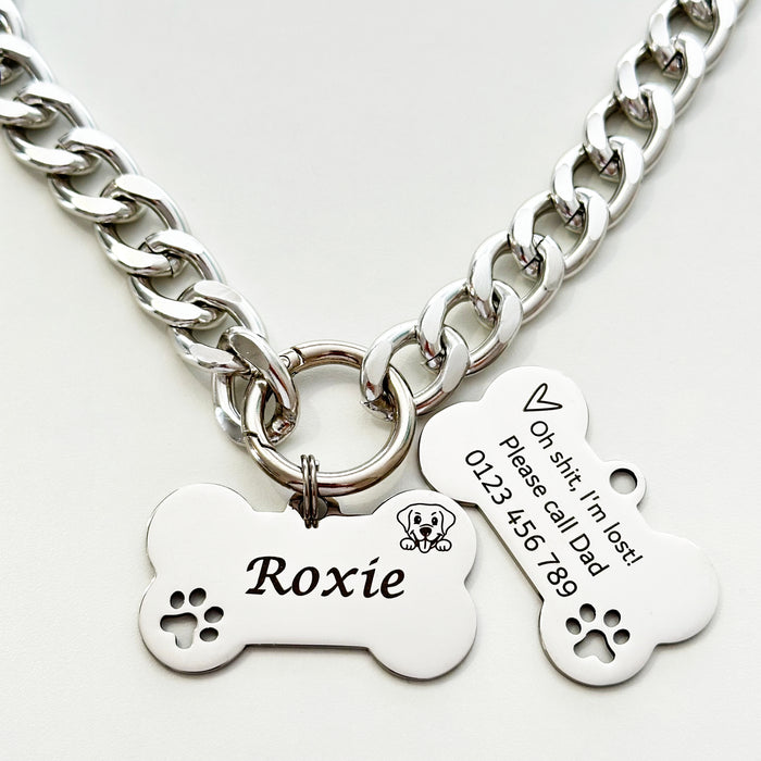 Customized Dog Necklace Silver, Lightweight Chain Dog Collar, Cuban Chain Link Dog Necklace for Dog, Personalized Pet Collar, Dog Mum Gift - DCN82