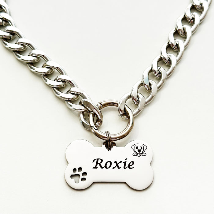 Customized Dog Necklace Silver, Lightweight Chain Dog Collar, Cuban Chain Link Dog Necklace for Dog, Personalized Pet Collar, Dog Mum Gift - DCN82