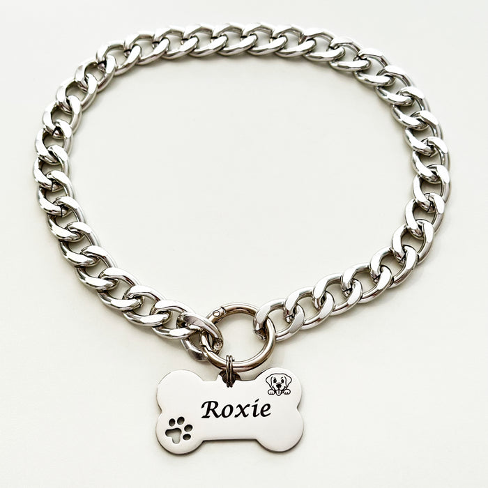 Customized Dog Necklace Silver, Lightweight Chain Dog Collar, Cuban Chain Link Dog Necklace for Dog, Personalized Pet Collar, Dog Mum Gift - DCN82