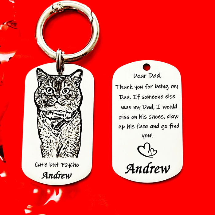 Cat Photo Keychain Personalized, Cat Dad Gift, Cat Portrait Key Chain Engraved, Cat Mum Keyring, Funny Pet Key Ring, Pet Remembrance Gift - KCD019