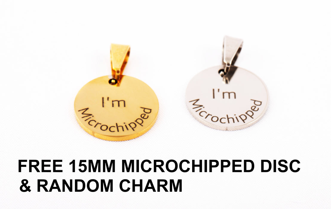 Cute Dog ID Tag with Microchipped Add-on, Personalised Dog Name Tag Engraved in Stainless Steel, Pet Name Plate, Small Dog Tag, Dog Gift - DT074