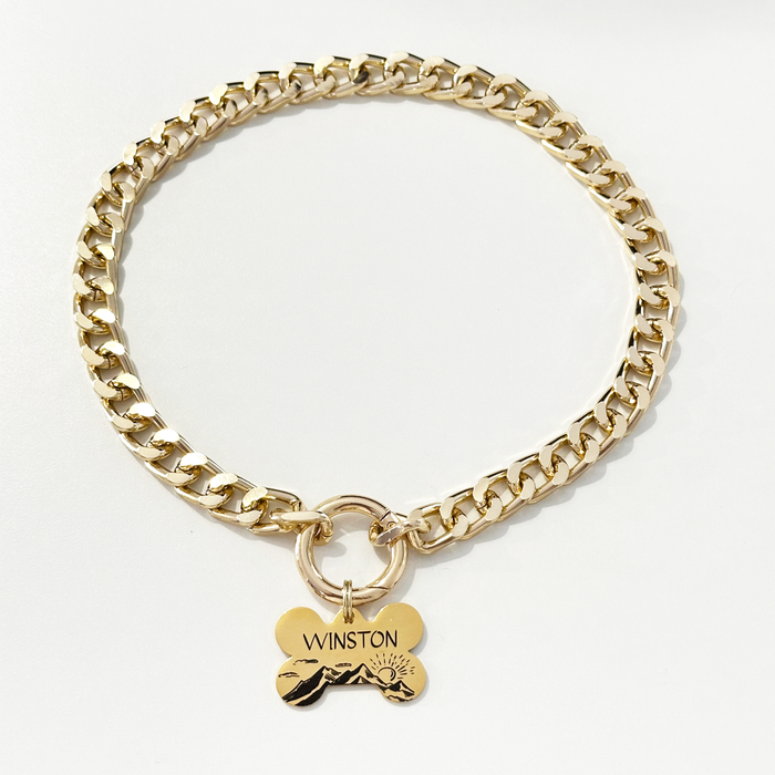 Personalized Lightweight Dog Chain Necklace Optional Bone ID Tag: Custom Size Pet Necklace in Silver or Gold - DCN126