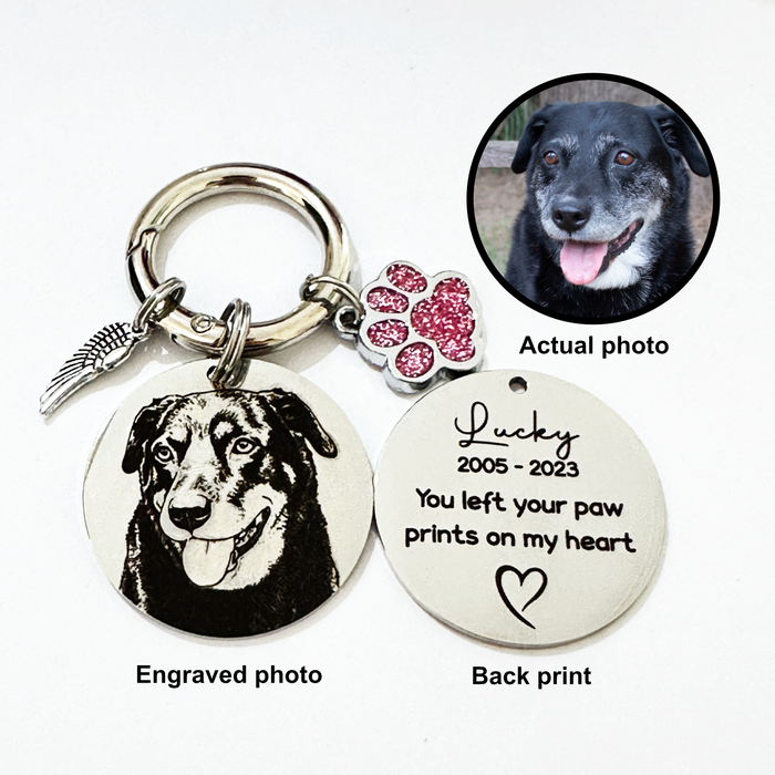 Personalized Egraved Pet Photo Keychain Stainless Steel - Dog Memorial Keyring  Silver Gold - Pet Loss Key chain - KCD002