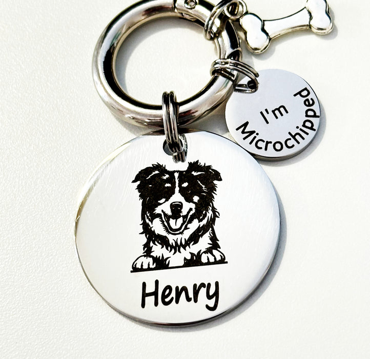 Dog Tag Customised Deep Engraved Stainless Steel with Dog’s Breed Photo Round with Microchipped Tag – I think I’m Lost - Henry - DT023