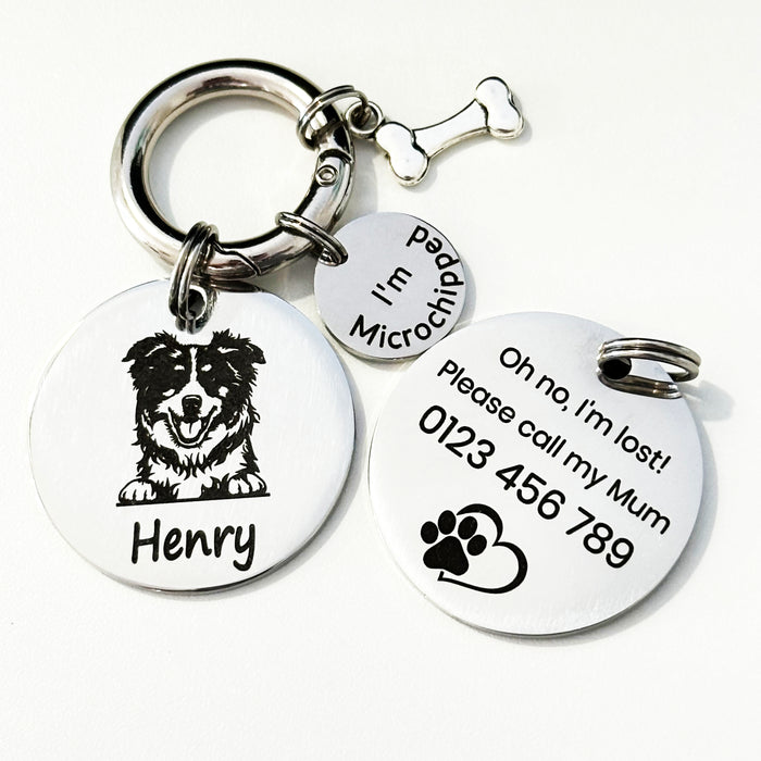 Dog Tag Customised Deep Engraved Stainless Steel with Dog’s Breed Photo Round with Microchipped Tag – I think I’m Lost - Henry - DT023