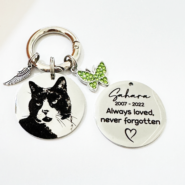 Engraved Pet Photo Keychain Personalized in Stainless Steel -  Pet Loss Memorial Gift - Cat Portrait Keyring - KCD005