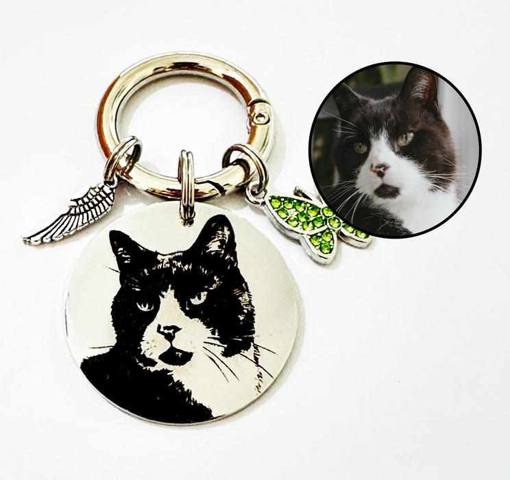 Engraved Pet Photo Keychain Personalized in Stainless Steel -  Pet Loss Memorial Gift - Cat Portrait Keyring - KCD005