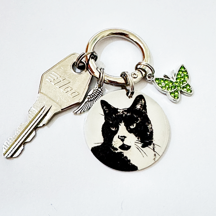 Engraved Pet Photo Keychain Personalized in Stainless Steel -  Pet Loss Memorial Gift - Cat Portrait Keyring - KCD005