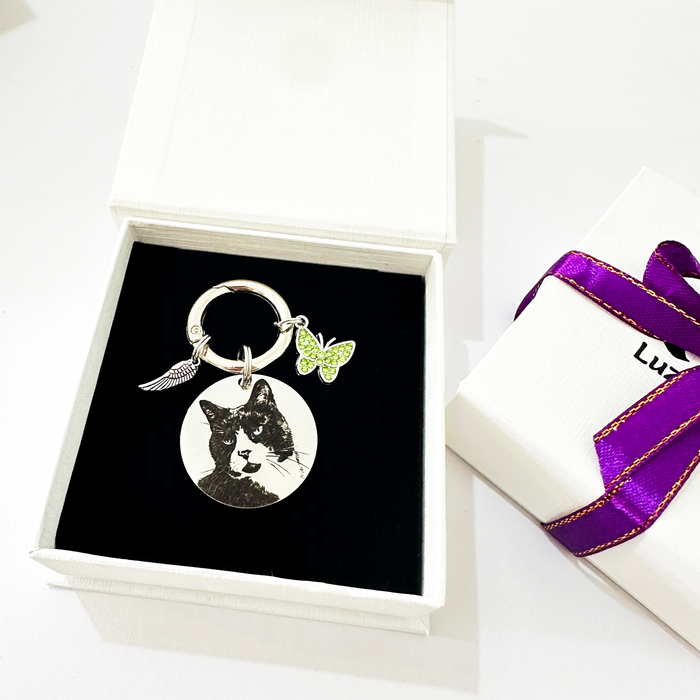 Engraved Pet Photo Keychain Personalized in Stainless Steel -  Pet Loss Memorial Gift - Cat Portrait Keyring - KCD005