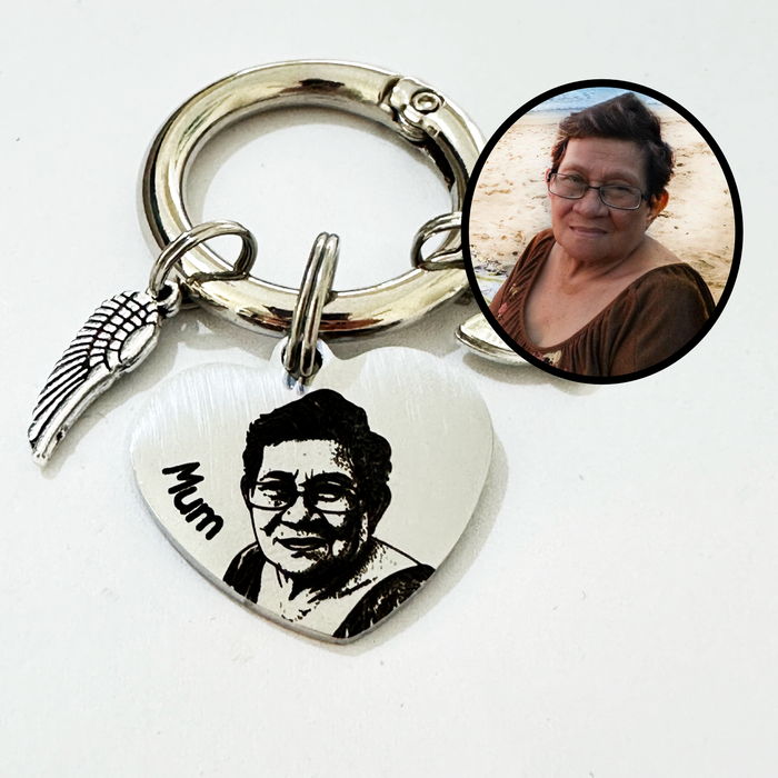 Personalised Memorial Gift Keyring, Engraved Real Photo in Stainless Steel Keychain Remembrance Key Chain, Grievance Gift, Heart Shaped - KCD016