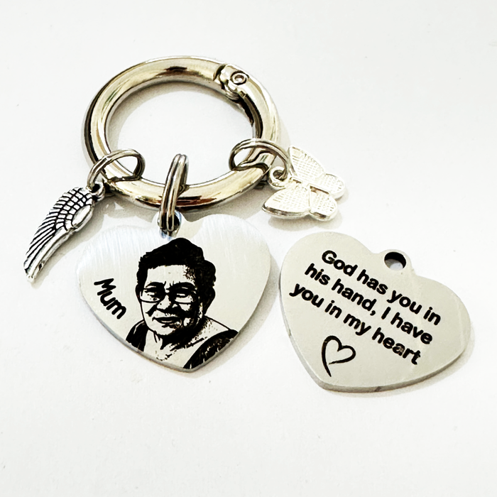 Personalised Memorial Gift Keyring, Engraved Real Photo in Stainless Steel Keychain Remembrance Key Chain, Grievance Gift, Heart Shaped - KCD016