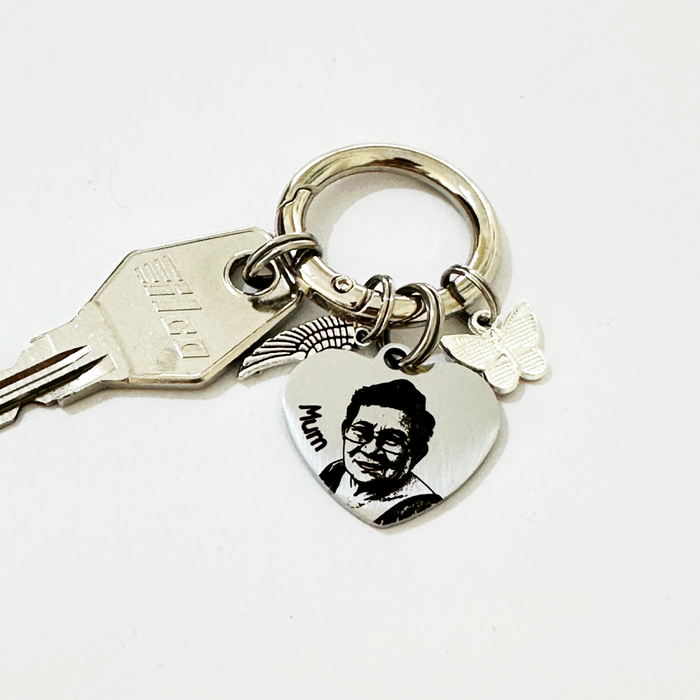 Personalised Memorial Gift Keyring, Engraved Real Photo in Stainless Steel Keychain Remembrance Key Chain, Grievance Gift, Heart Shaped - KCD016