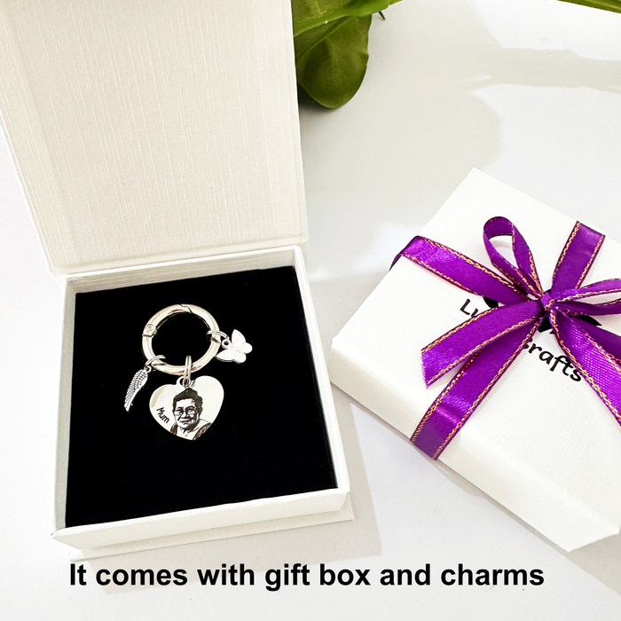 Personalised Memorial Gift Keyring, Engraved Real Photo in Stainless Steel Keychain Remembrance Key Chain, Grievance Gift, Heart Shaped - KCD016