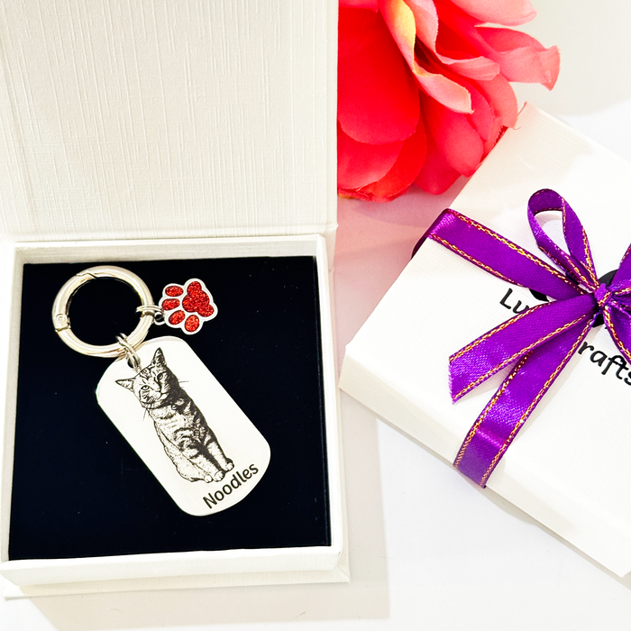 Personalised Cat Photo Keyring Engraved: Stainless Steel Gold Silver, Gift for Cat Owner, Cat Portrait Key Chain, Cat Mum Keychain, Funny Cat Key Ring, Pet Keepsake Gift - KCD021