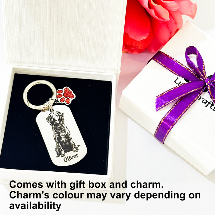 Personalised Pet Portrait Keychain Engraved: Stainless Steel Dog Picture Keyring, Silver Gold Furry Mum Dad Key Chain- KCD022