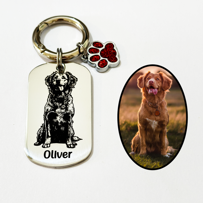Personalised Pet Portrait Keychain Engraved: Stainless Steel Dog Picture Keyring, Silver Gold Furry Mum Dad Key Chain- KCD022