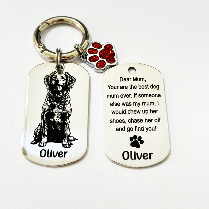 Personalised Pet Portrait Keychain Engraved: Stainless Steel Dog Picture Keyring, Silver Gold Furry Mum Dad Key Chain- KCD022
