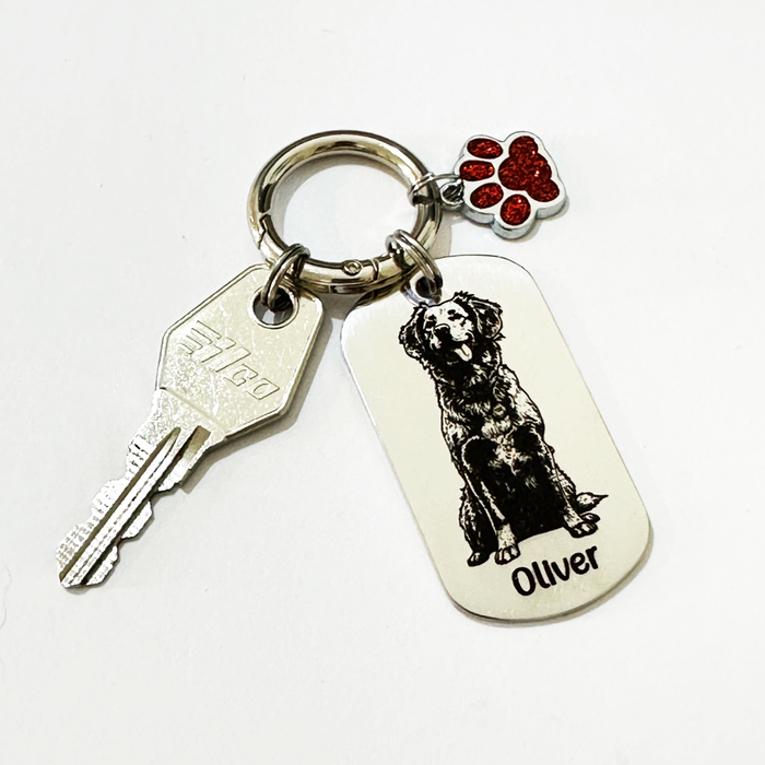 Personalised Pet Portrait Keychain Engraved: Stainless Steel Dog Picture Keyring, Silver Gold Furry Mum Dad Key Chain- KCD022