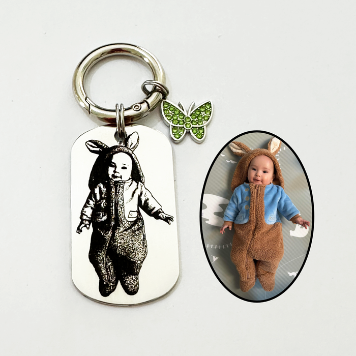Custom Engraved Photo Keychain Gold Silver – Personalised Picture Keyring Gift for Aunt, Uncle Portrait Keepsake - KCD026
