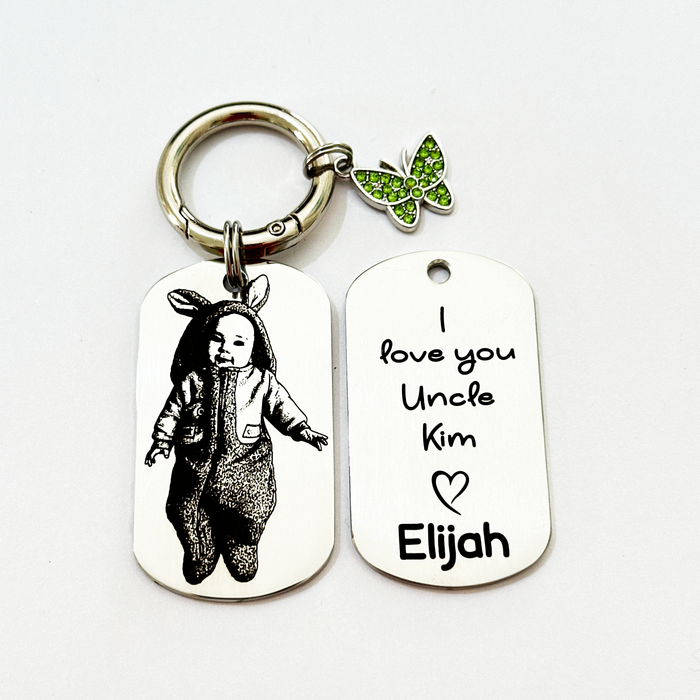 Custom Engraved Photo Keychain Gold Silver – Personalised Picture Keyring Gift for Aunt, Uncle Portrait Keepsake - KCD026