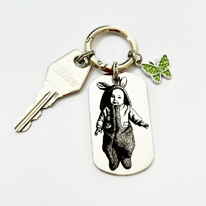 Custom Engraved Photo Keychain Gold Silver – Personalised Picture Keyring Gift for Aunt, Uncle Portrait Keepsake - KCD026