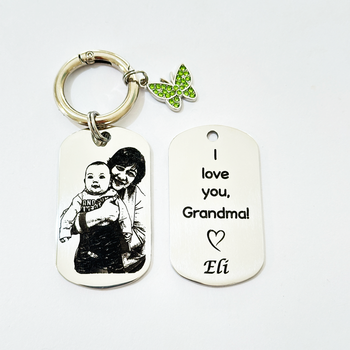 Personalised Photo Keychain Gold Silver, Custom Engraved Portrait Keyring Gift for Grandmother- KCD023