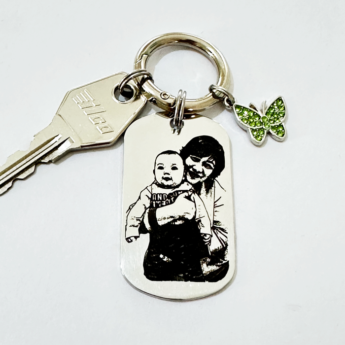 Personalised Photo Keychain Gold Silver, Custom Engraved Portrait Keyring Gift for Grandmother- KCD023