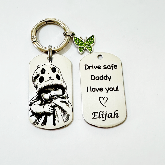 Personalized Drive Safe Dad Photo Keychain – Custom Engraved Gold Keepsake Gift - KCD028