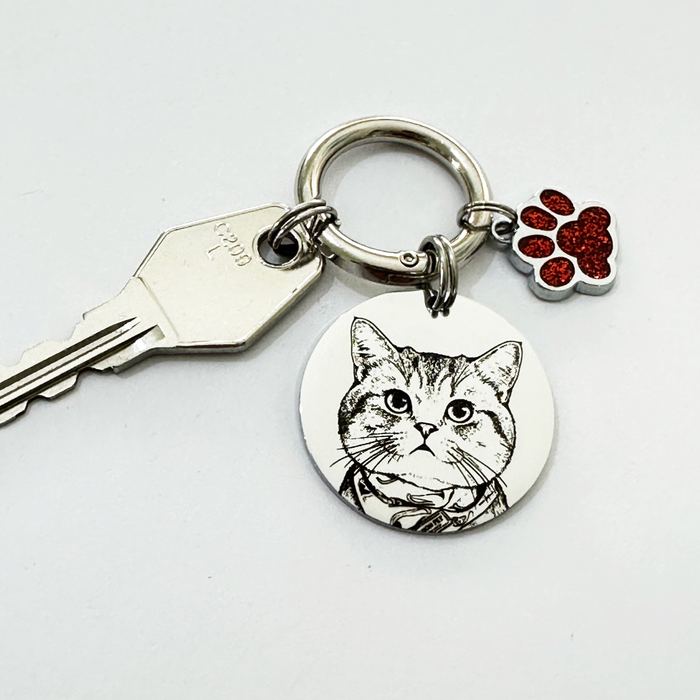 Personalized Pet Photo Keychain – Deep Engraved Stainless Steel Cat & Dog Portrait Keyring, Custom Pet Memorial Gift - KCD011