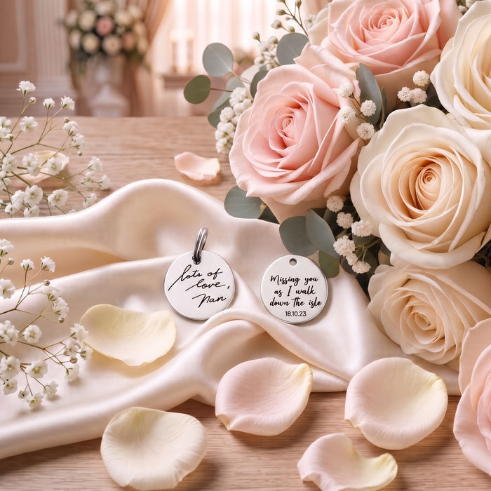 Real Handwriting Bouquet Charm Engraved Two Sided, Personalized Bouquet Charm, Wedding Memorial Bouquet Charm, Wedding Keepsake Bridal Gift - BC06