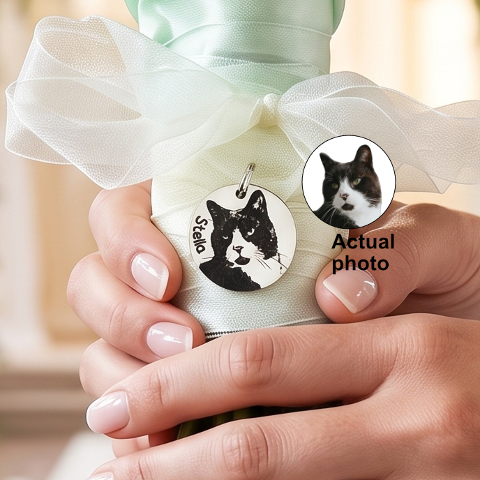 Personalized Bouquet Charm Cat Photo, Engraved Pet Bouquet Charm, Bride Wedding Gift, Keepsake Wedding Charm, Cat Memorial Bouquet Charm - BC14