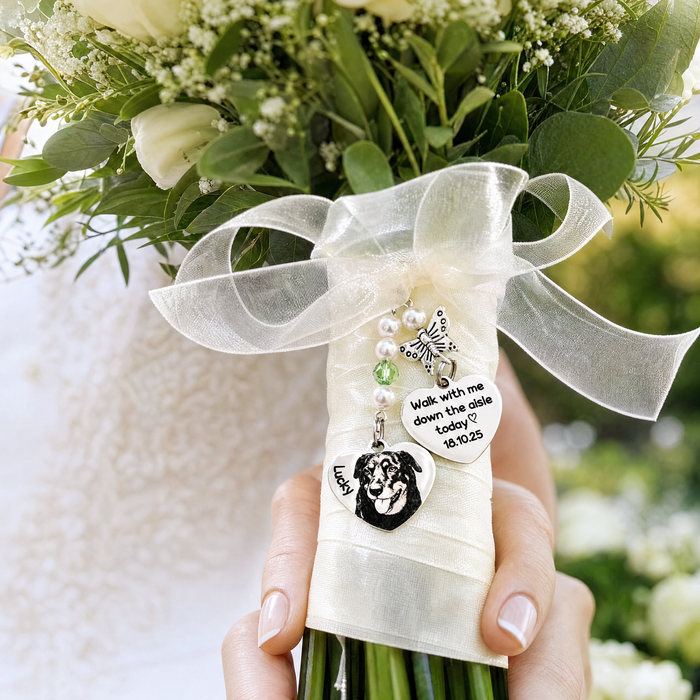 Personalised Dog Cat Photo Bouquet Charm – Engraved Pet Memorial Wedding Bouquet Keepsake Gift for Bride- BC15