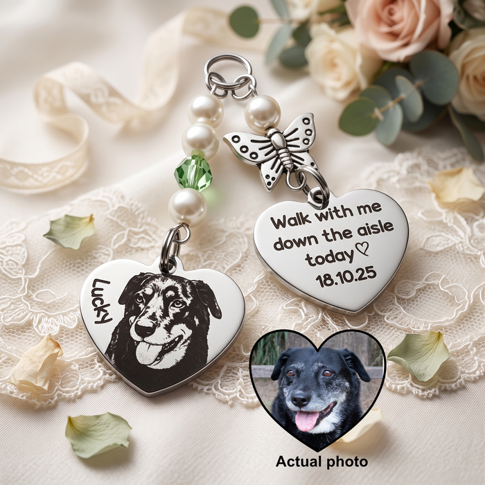 Personalised Dog Cat Photo Bouquet Charm – Engraved Pet Memorial Wedding Bouquet Keepsake Gift for Bride- BC15