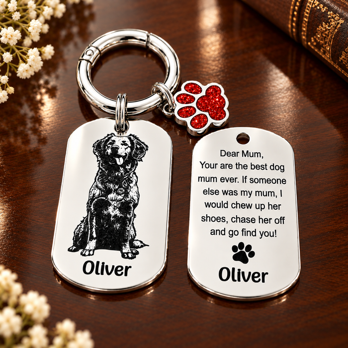 Personalised Pet Portrait Keychain Engraved: Stainless Steel Dog Picture Keyring, Silver Gold Furry Mum Dad Key Chain- KCD022