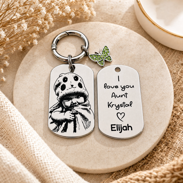 Personalised Photo Keychain Gold Silver – Custom Engraved Picture Keyring Stainless Steel Gift for Aunt or Uncle, Christmas Portrait Keepsake - KCD025