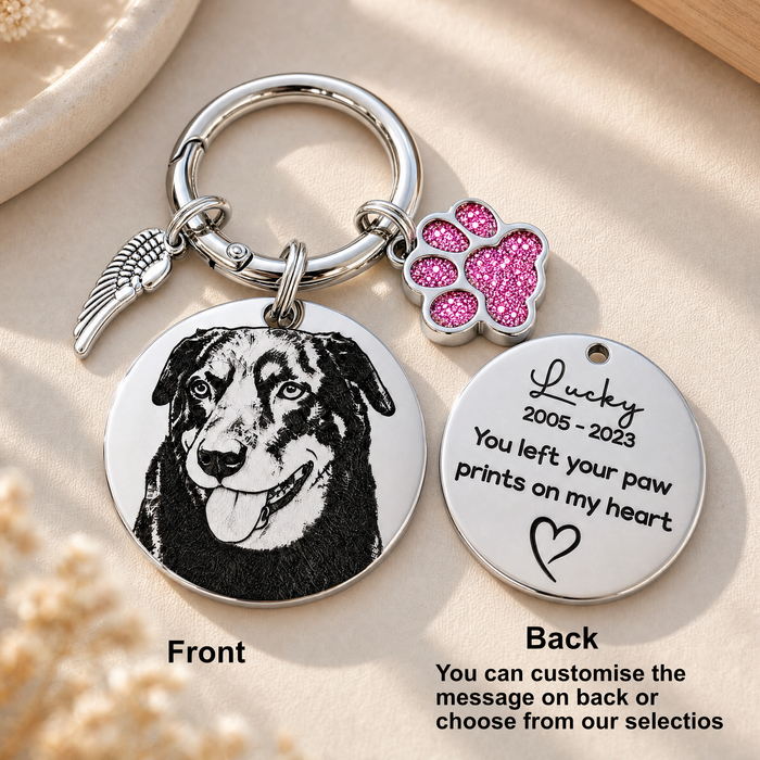Personalized Egraved Pet Photo Keychain Stainless Steel - Dog Memorial Keyring  Silver Gold - Pet Loss Key chain - KCD002