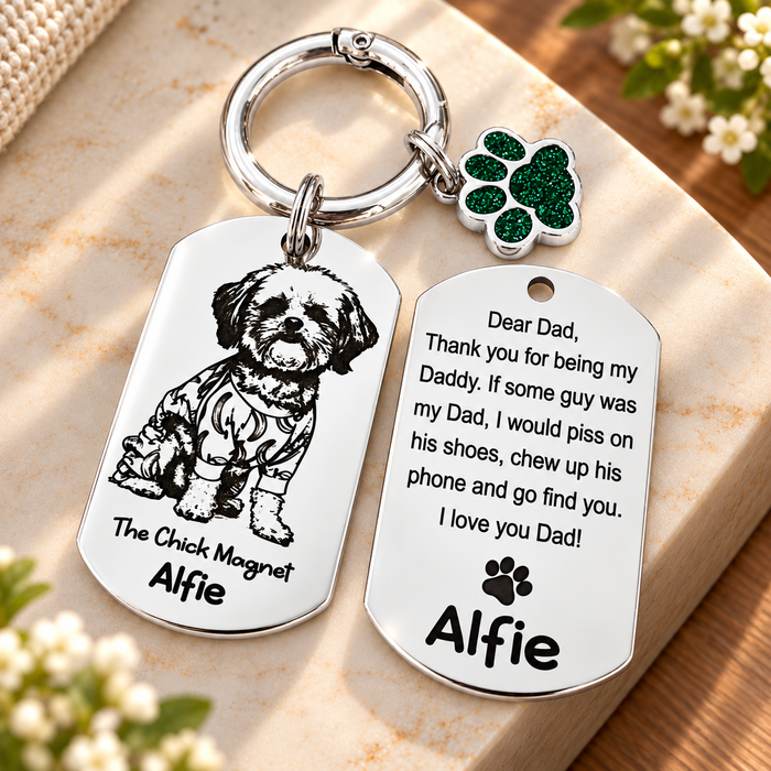 Personalised Dog Photo Keychain Engraved, Gift for Dog Owner, Dear Dad Dog Portrait Key Chain, Dog Mum Keyring, Funny Pet Key ring, Pet Keepsake Gift - KCD018
