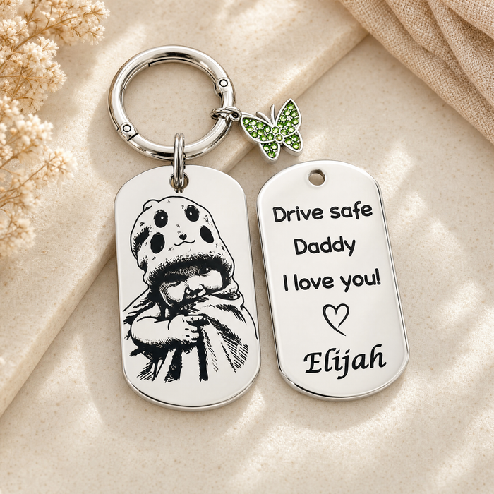 Personalized Drive Safe Dad Photo Keychain – Custom Engraved Gold Keepsake Gift - KCD028