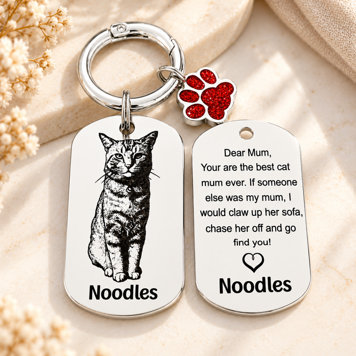 Personalised Cat Photo Keyring Engraved: Stainless Steel Gold Silver, Gift for Cat Owner, Cat Portrait Key Chain, Cat Mum Keychain, Funny Cat Key Ring, Pet Keepsake Gift - KCD021