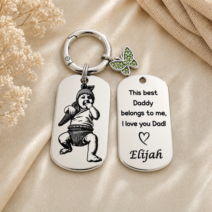 Personalised Photo Keychain Stainless Steel – Custom Engraved Picture Keyring Silver or Gold - KCD029