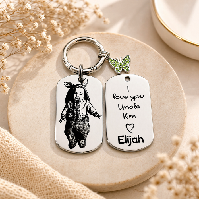 Custom Engraved Photo Keychain Gold Silver – Personalised Picture Keyring Gift for Aunt, Uncle Portrait Keepsake - KCD026