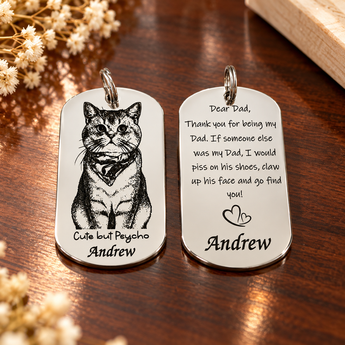Pet Photo Keychain Personalized: Engraved Stainless Steel Cat Dog Portrait Key Chain Silver Gold, Pet Remembrance Gift - KCD019