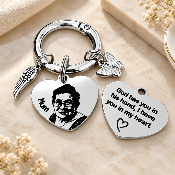 Personalised Memorial Gift Keyring, Engraved Real Photo in Stainless Steel Keychain Remembrance Key Chain, Grievance Gift, Heart Shaped - KCD016