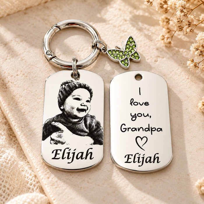 Custom Engraved Photo Keychain Gold Silver – Personalised Portrait Keyring Gift for Grandparents, Gift for Mum - KCD024