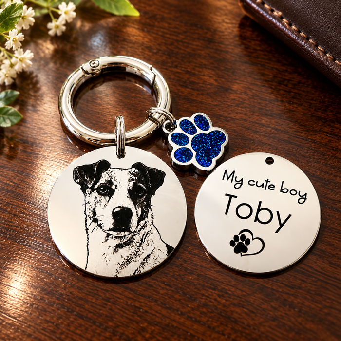 Personalised Pet Photo Engraved Keychain - Silver Gold Dog Cat Picture Keyring, Gift to Pet Lover / Owner, 10-Year Guarantee - KCD009