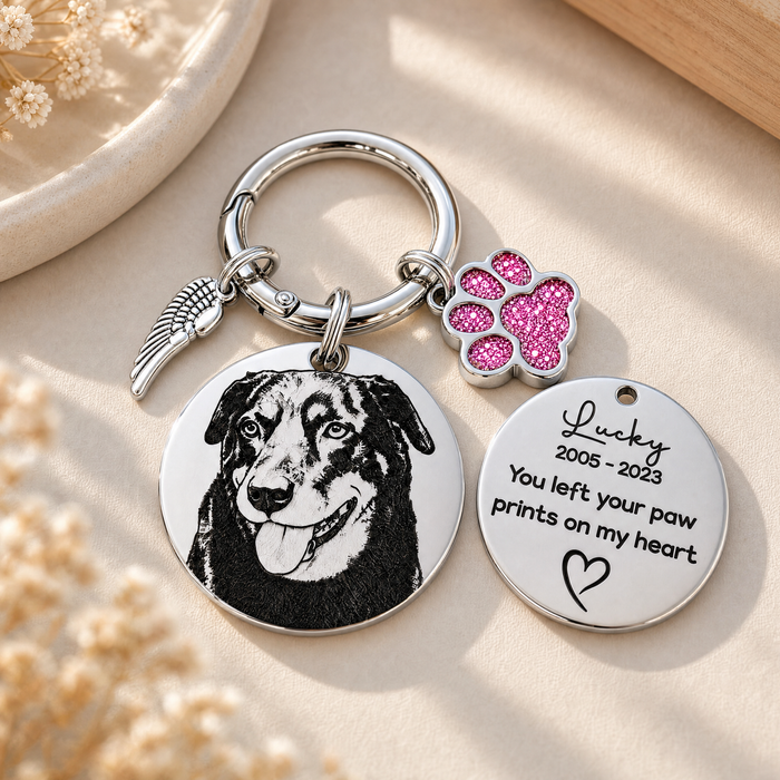 Personalized Egraved Pet Photo Keychain Stainless Steel - Dog Memorial Keyring  Silver Gold - Pet Loss Key chain - KCD002