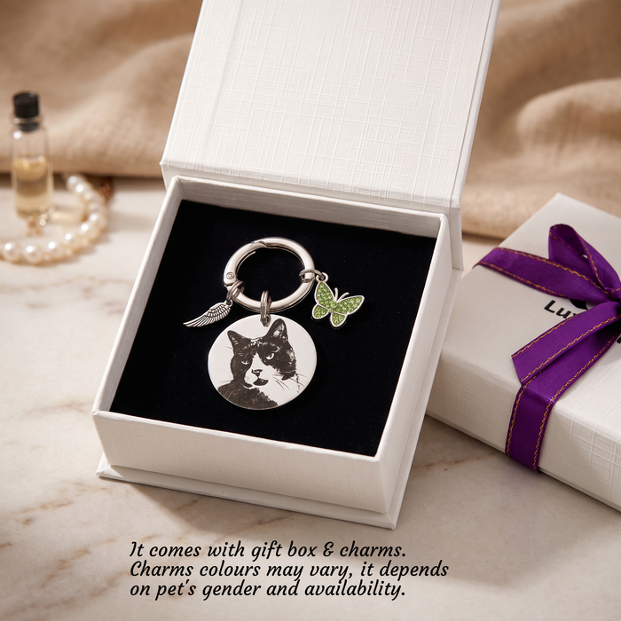 Engraved Pet Photo Keychain Personalized in Stainless Steel -  Pet Loss Memorial Gift - Cat Portrait Keyring - KCD005