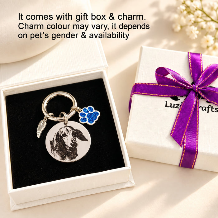 Pet Photo Memorial Keychain - Engraved Dog Cat  Portrait Keychain Stainless Steel - Silver Gold Rose Gold  Dog Remembrance Gift - KCD004